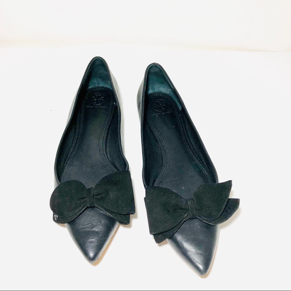 ❌SOLD❌Tory Burch Rosalind Black Leather Bow Flats - Picture 2 of 8